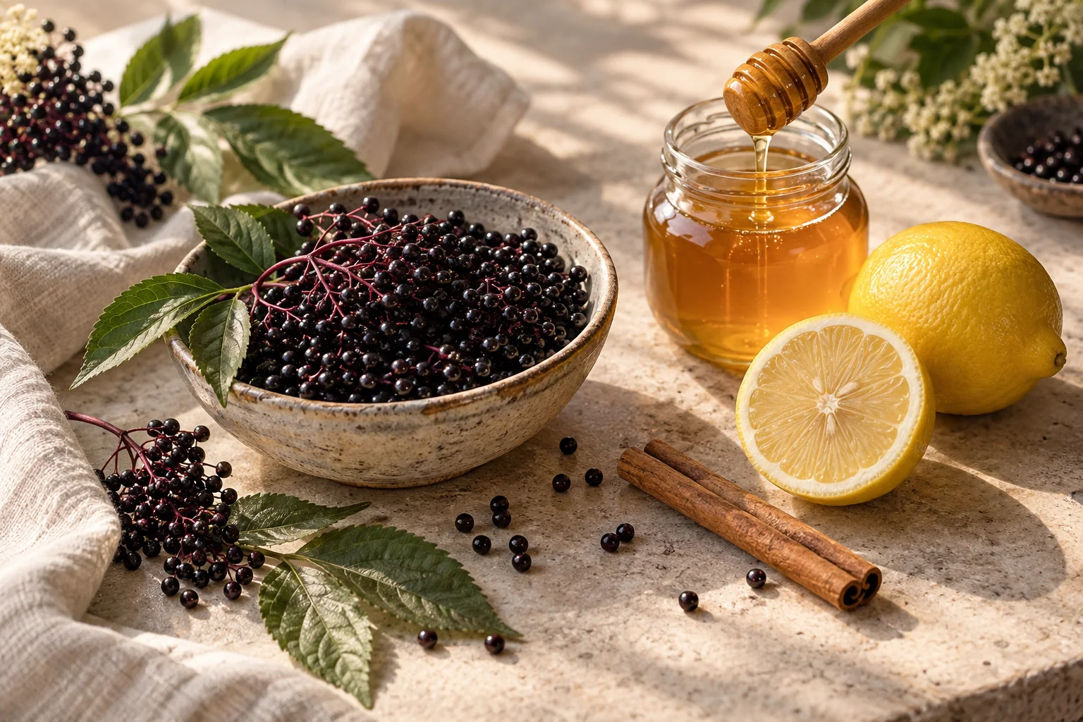 An ingredient still life with elderberries, honey, lemon and cinnamon