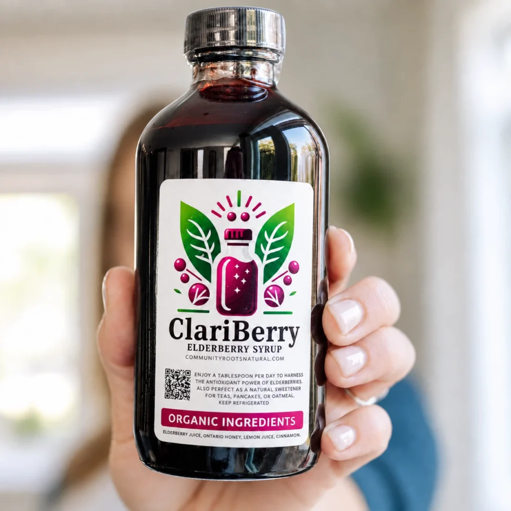An 8 oz bottle of Clariberry elderberry syrup