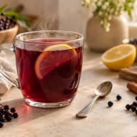Warm elderberry herbal tea with lemon and cinnamon