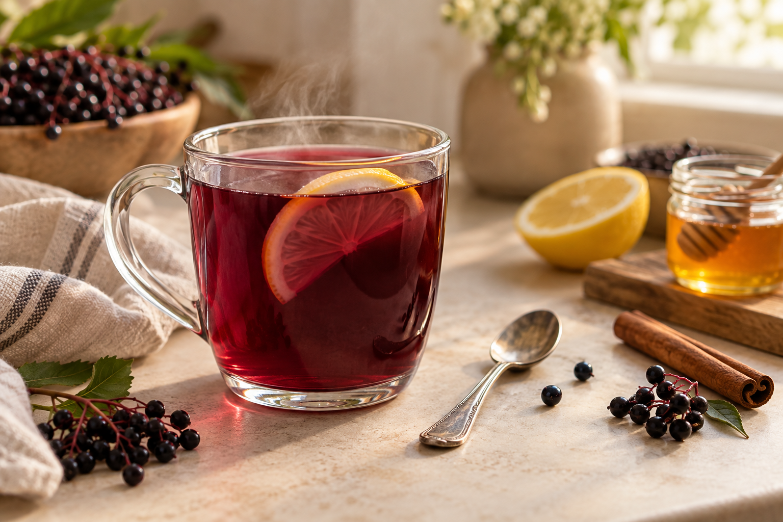 Warm elderberry herbal tea with lemon and cinnamon