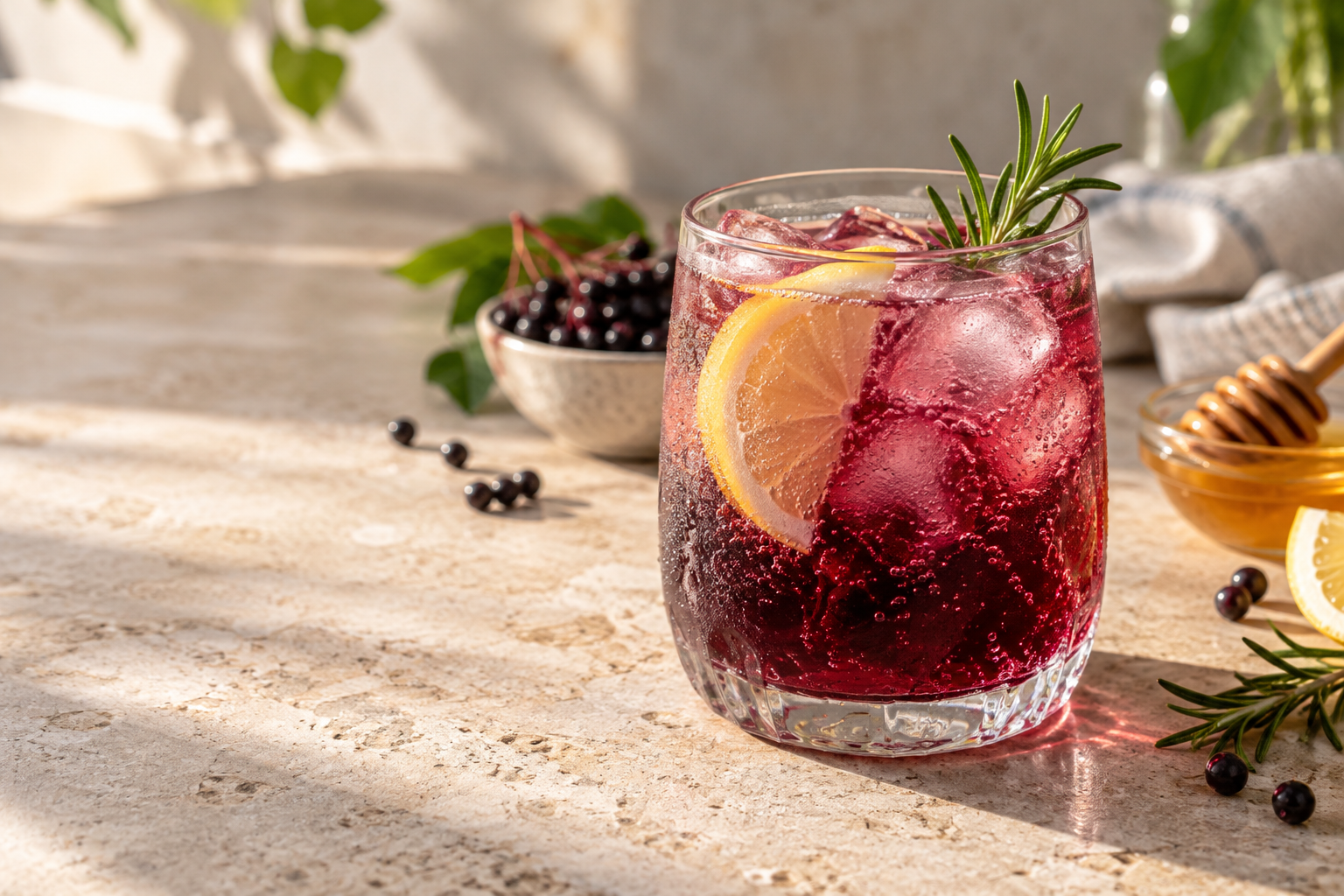 Elderberry spritz with lemon and rosemary