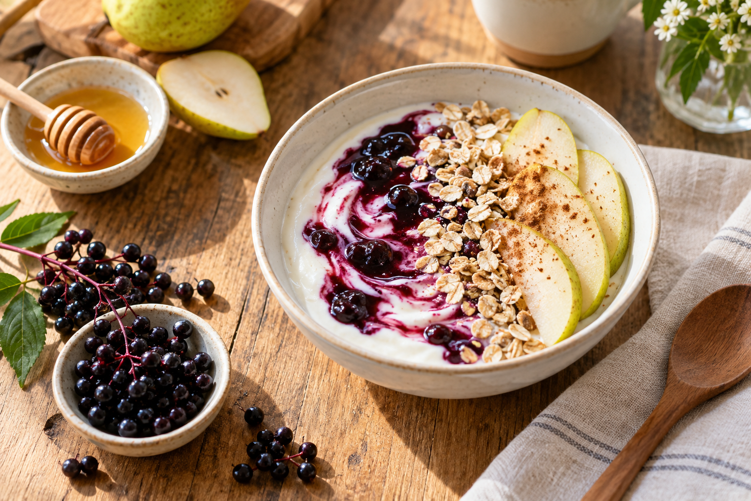 Elderberry yogurt breakfast bowl with pear and oats